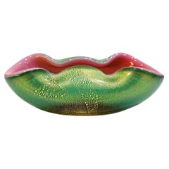 1950s Archimede Seguso Murano Glass Bowl Pink & Green with Gold Leaf/Polveri