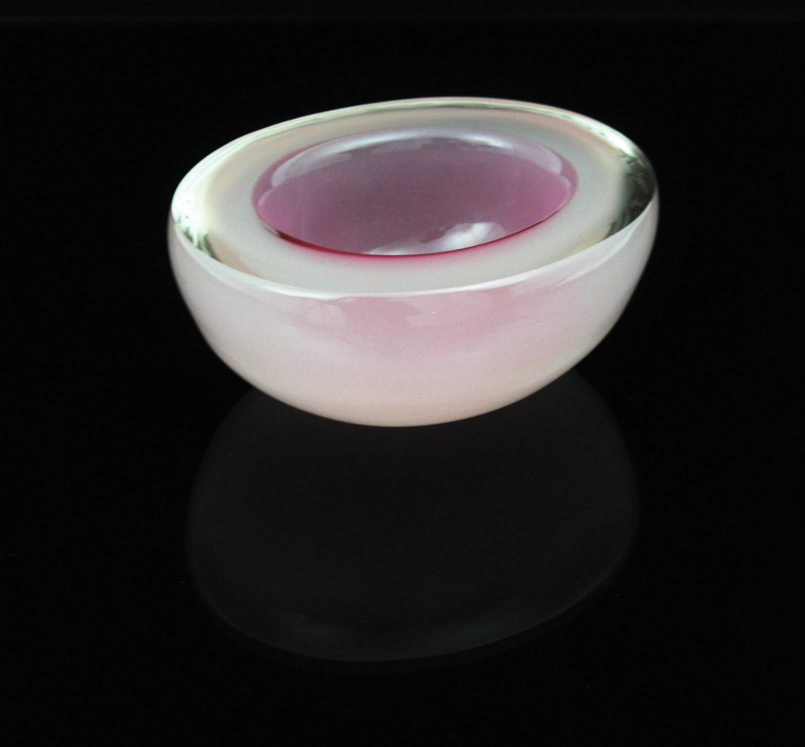 Archimede Seguso Murano Opal Pink White Alabastro Oval Geode Art Glass Bowl 2