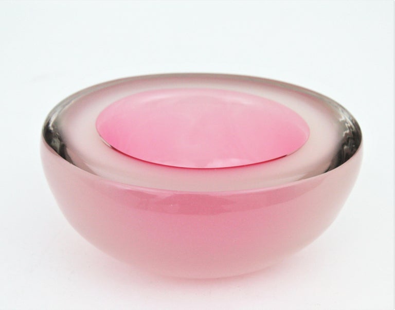 Mid-Century Modern Archimede Seguso Murano Opal Pink White Alabastro Oval Geode Art Glass Bowl