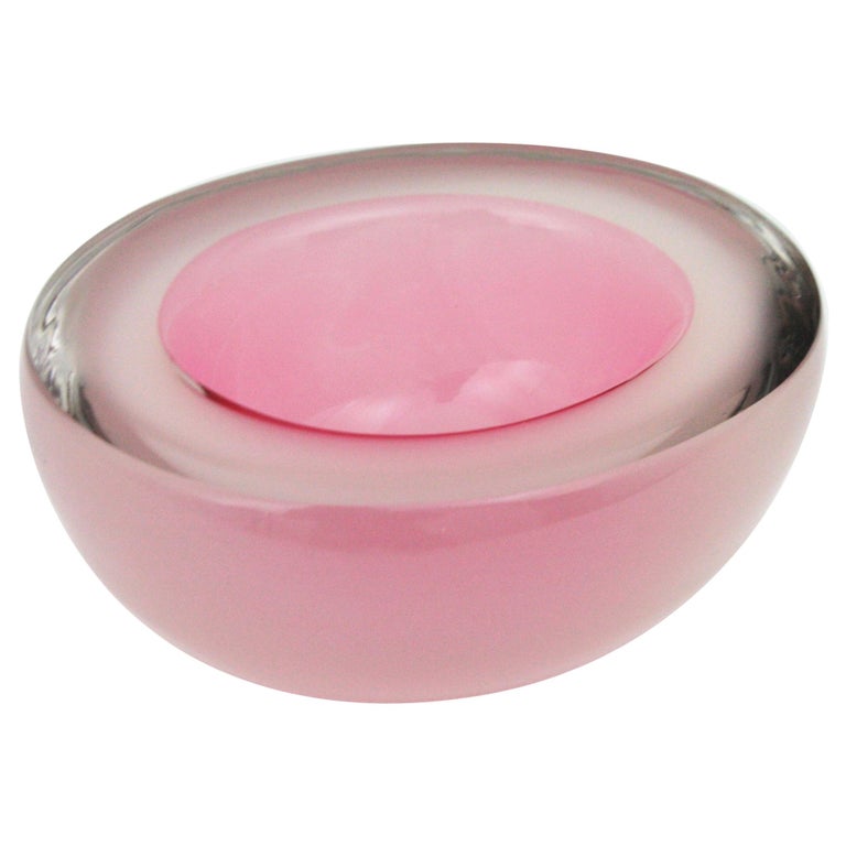 Archimede Seguso Murano Opal Pink White Alabastro Oval Geode Art Glass Bowl