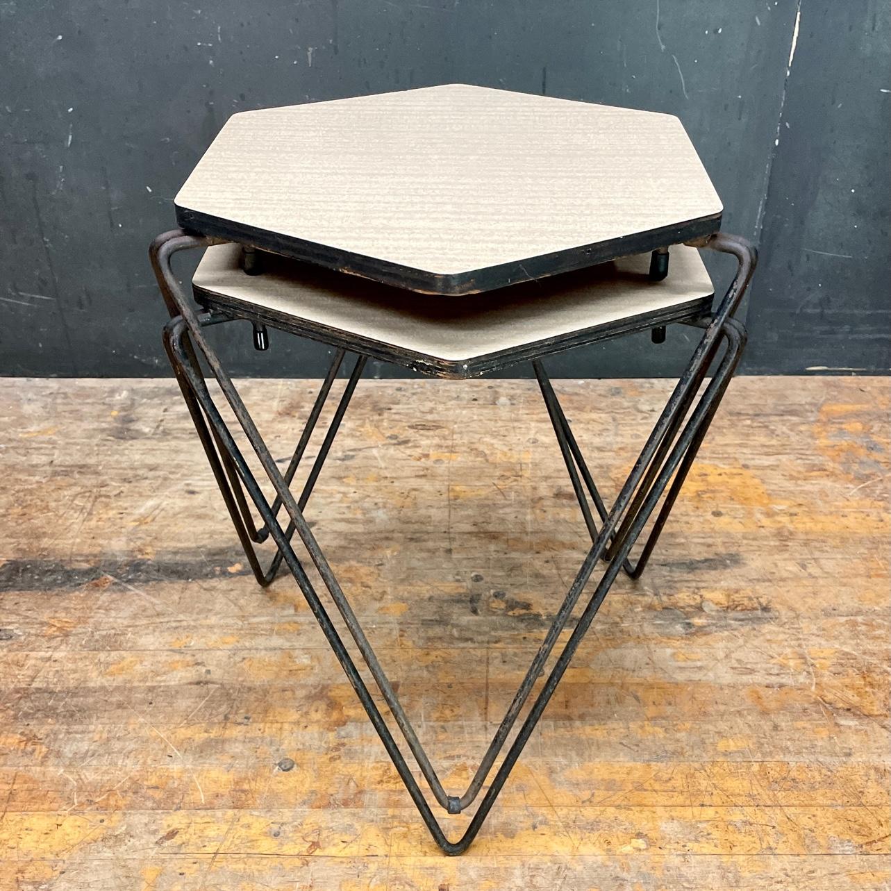 1950s Architects Prismatic Stacking Tables Pair Mid-Century Geometric Pedestal In Fair Condition For Sale In Hyattsville, MD
