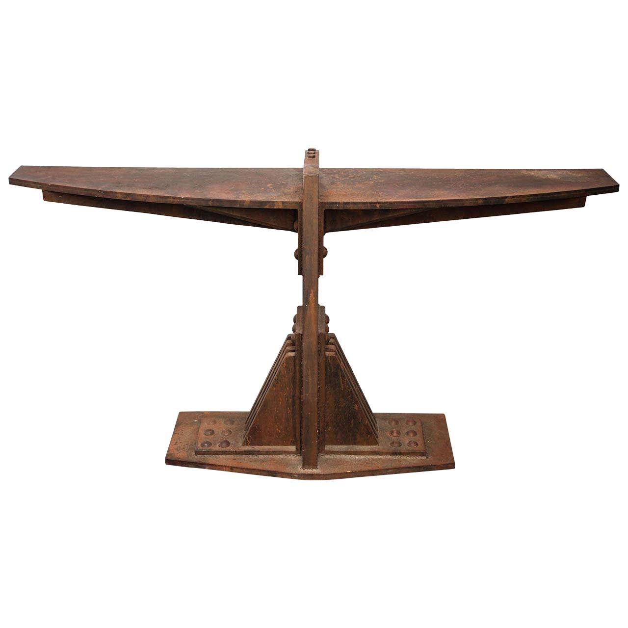 1950s Architectural Console Crafted of Wood with Faux Patinated Iron Finish For Sale