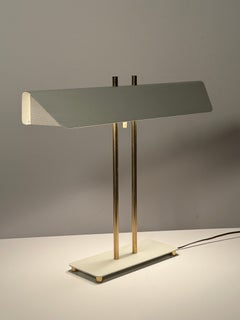 1950s Architectural Modern White Table Lamp in Brass and Enamel Nessen Studio
