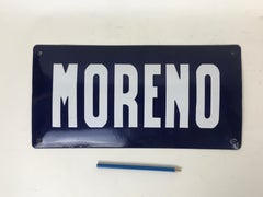 1950s Argentinian Vintage Blue Enameled Metal Curved Street Sign "Moreno"