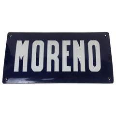 1950s Argentinian Vintage Blue Enameled Metal Curved Street Sign "Moreno"