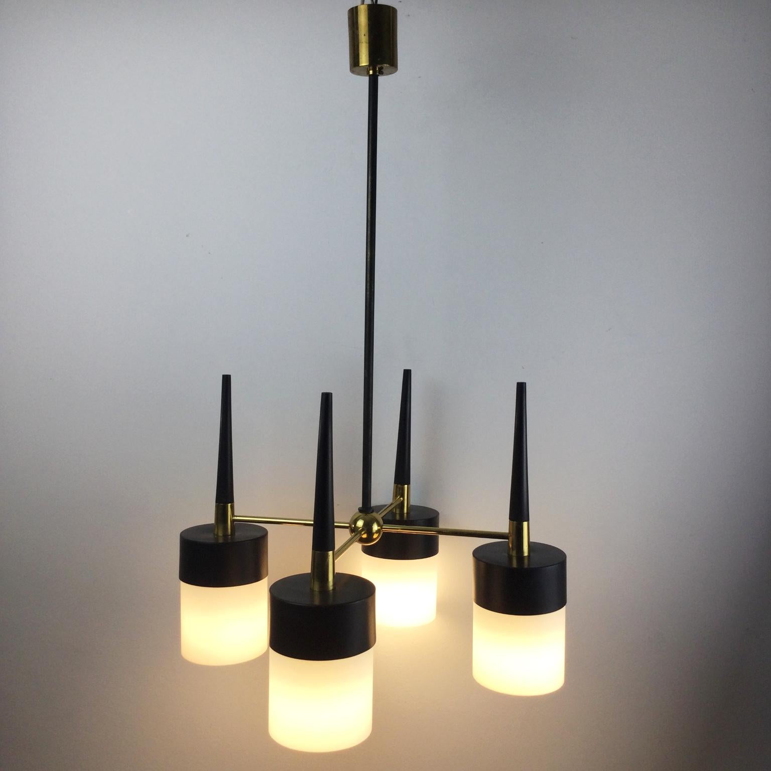 1950s Arlus Ceiling Light with Four Opalines Glass Shade and Brass Finish 2
