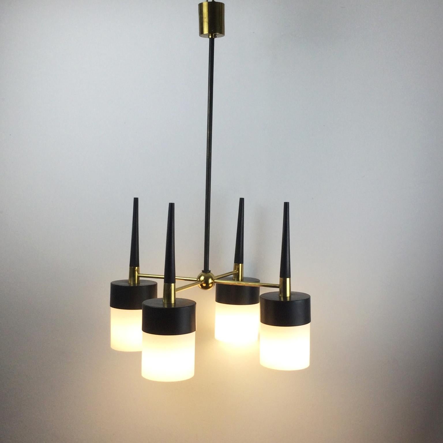 Mid-Century Modern 1950s Arlus Ceiling Light with Four Opalines Glass Shade and Brass Finish