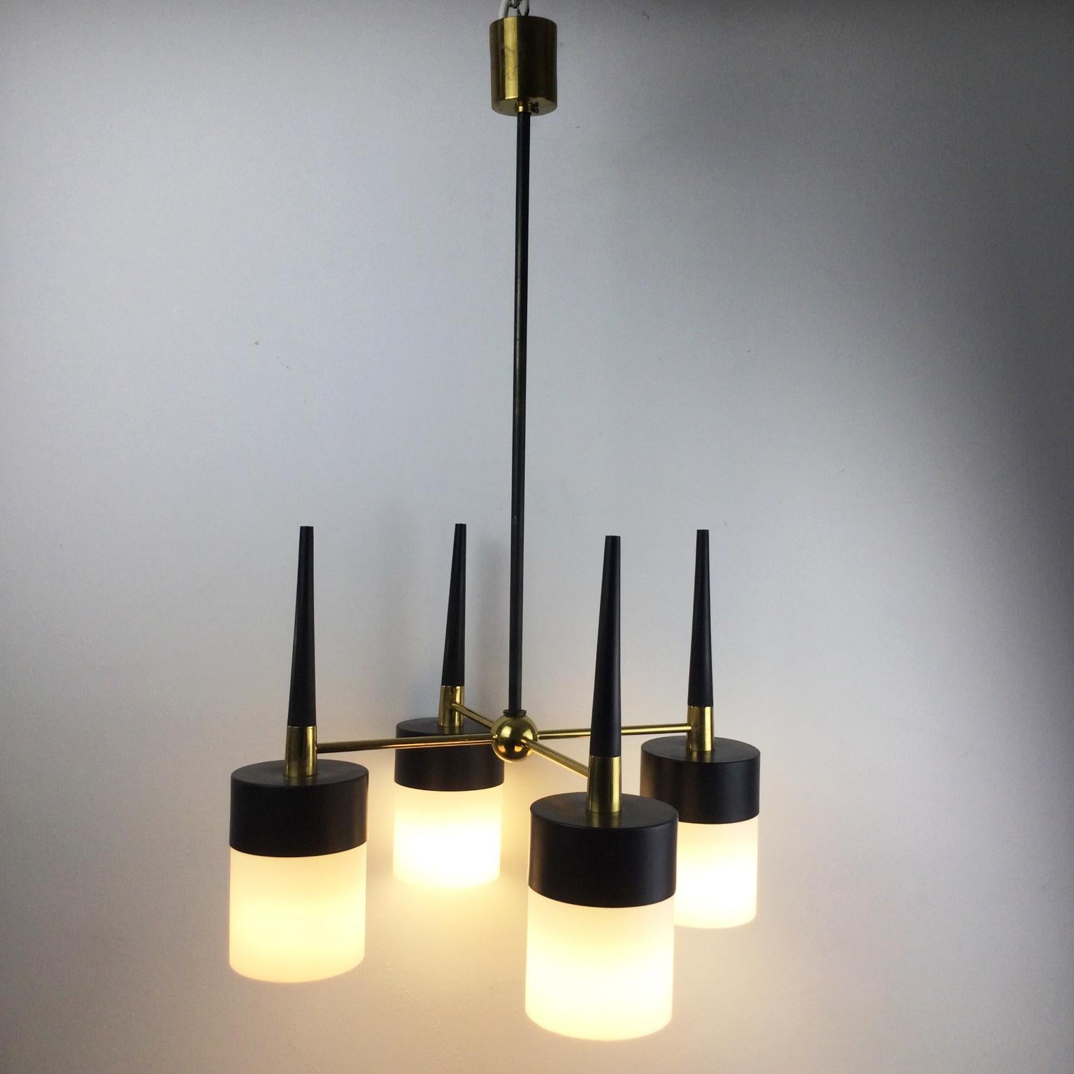 French 1950s Arlus Ceiling Light with Four Opalines Glass Shade and Brass Finish