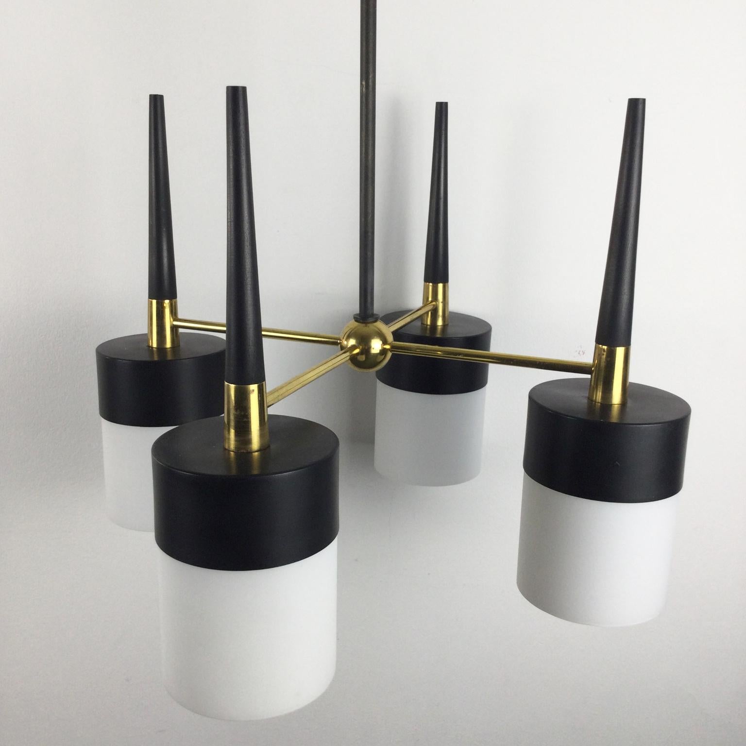 Lacquered 1950s Arlus Ceiling Light with Four Opalines Glass Shade and Brass Finish