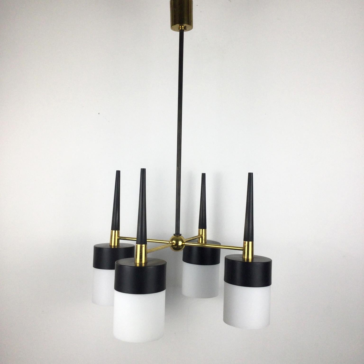 20th Century 1950s Arlus Ceiling Light with Four Opalines Glass Shade and Brass Finish