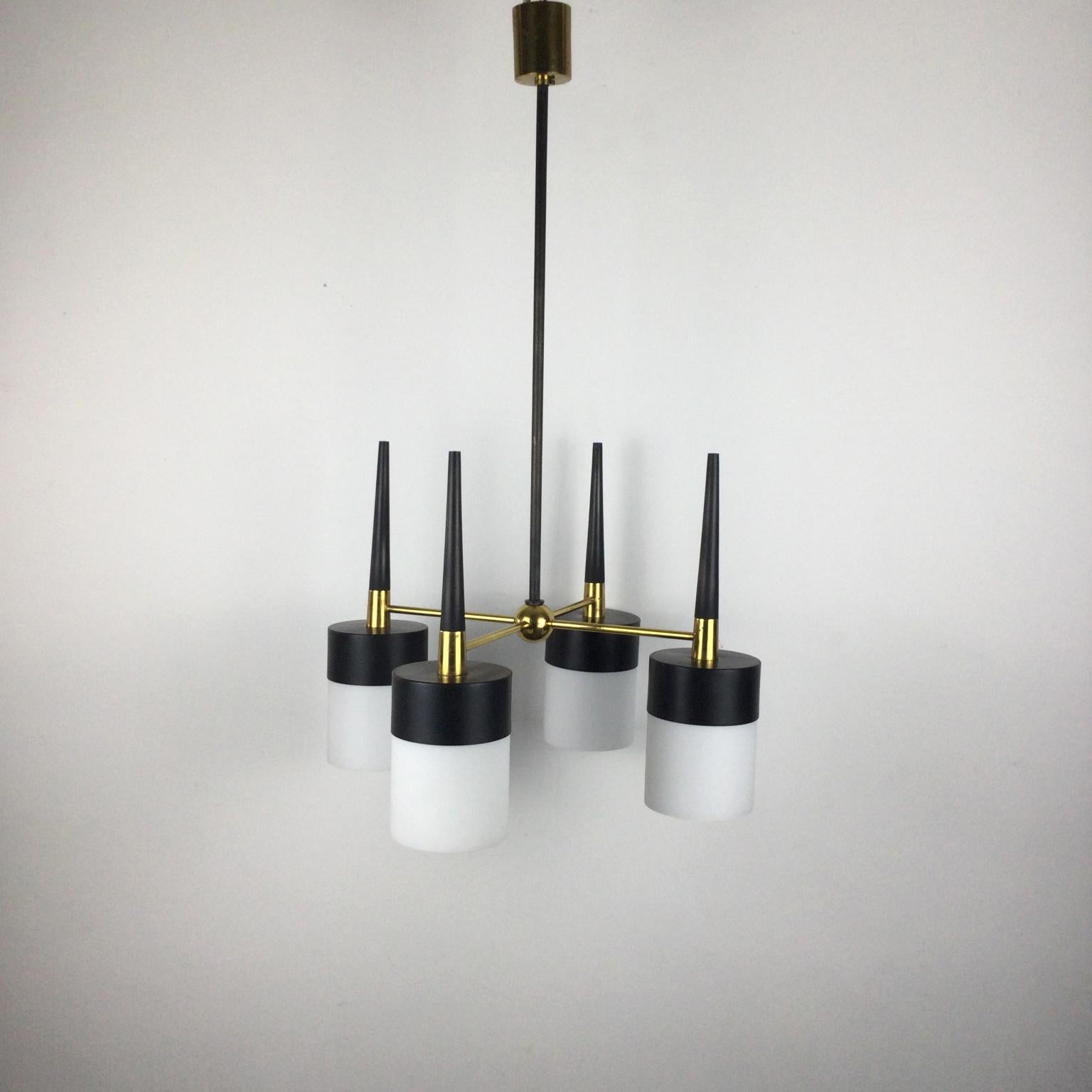 Metal 1950s Arlus Ceiling Light with Four Opalines Glass Shade and Brass Finish
