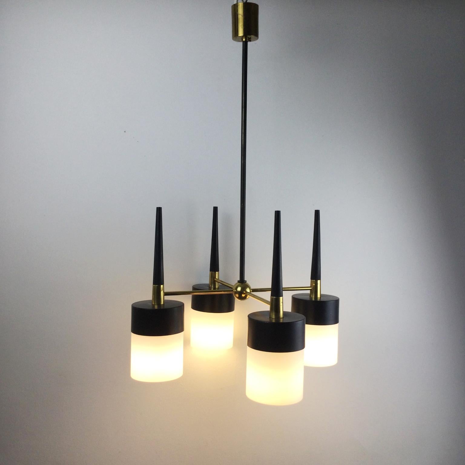 1950s Arlus Ceiling Light with Four Opalines Glass Shade and Brass Finish 1