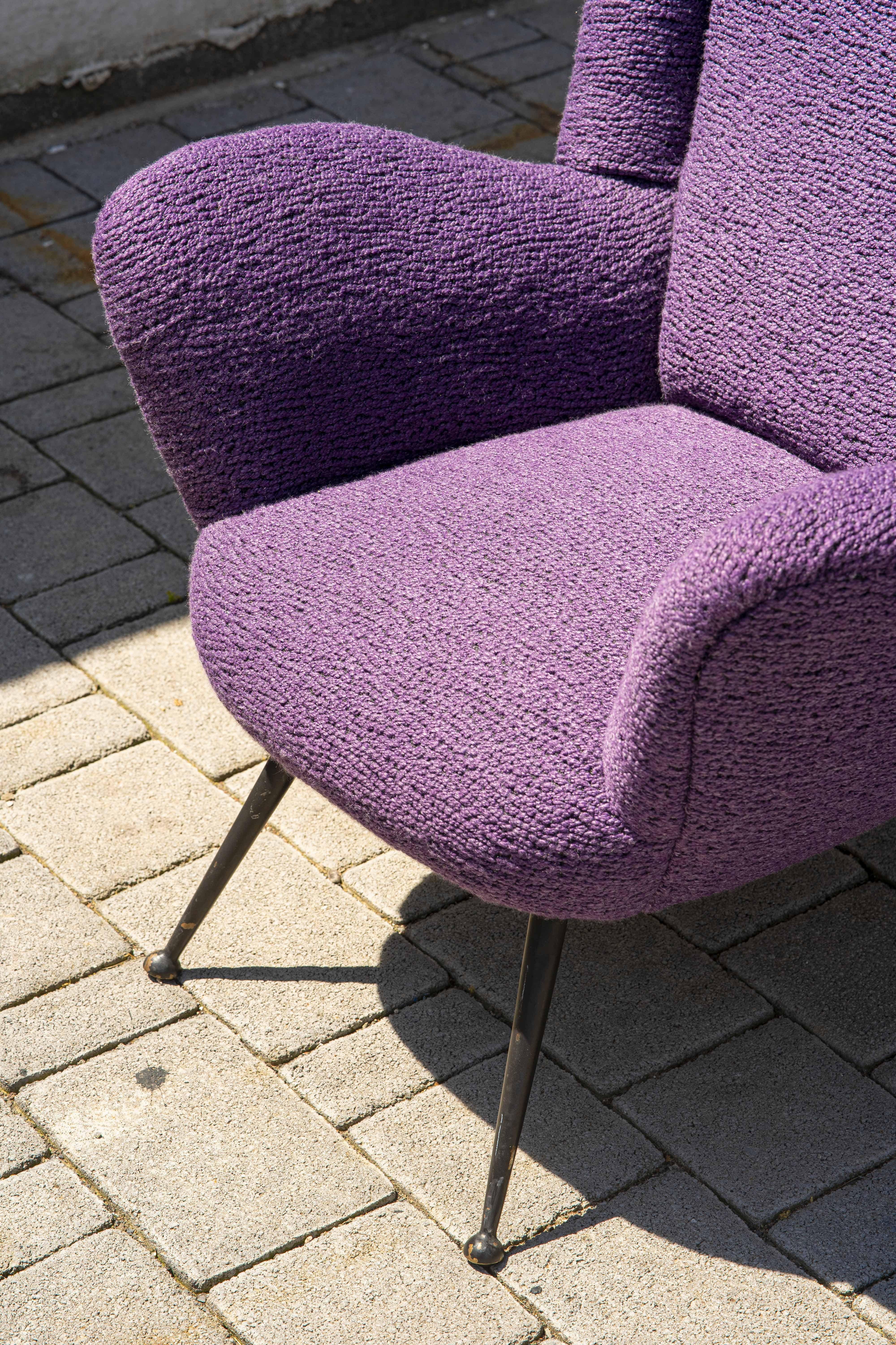 Italian 1950s Armchair with Signed Pierre Frey Fabric in Lavender Purple Bouclé For Sale