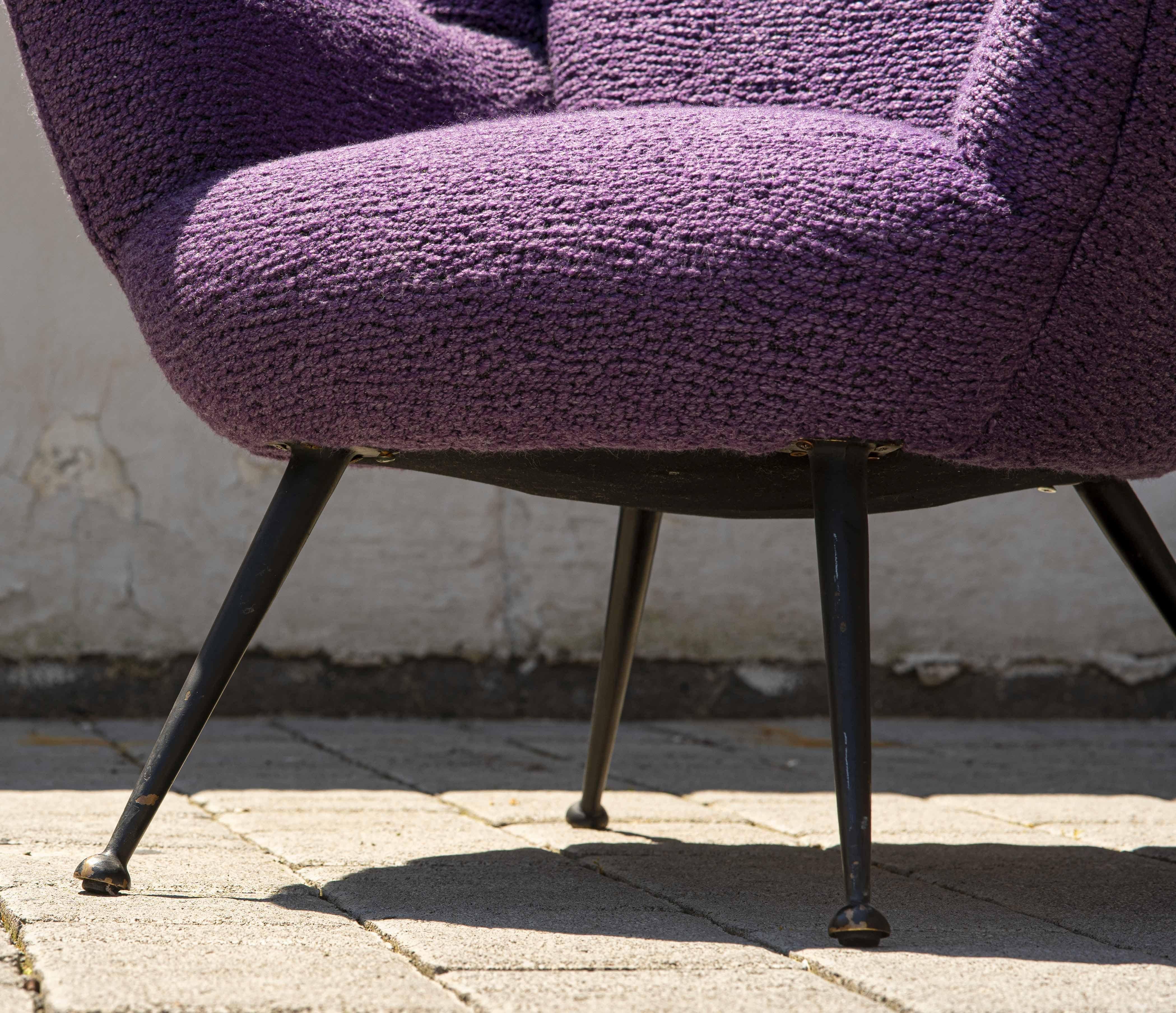 1950s Armchair with Signed Pierre Frey Fabric in Lavender Purple Bouclé In Good Condition For Sale In Catania, CT