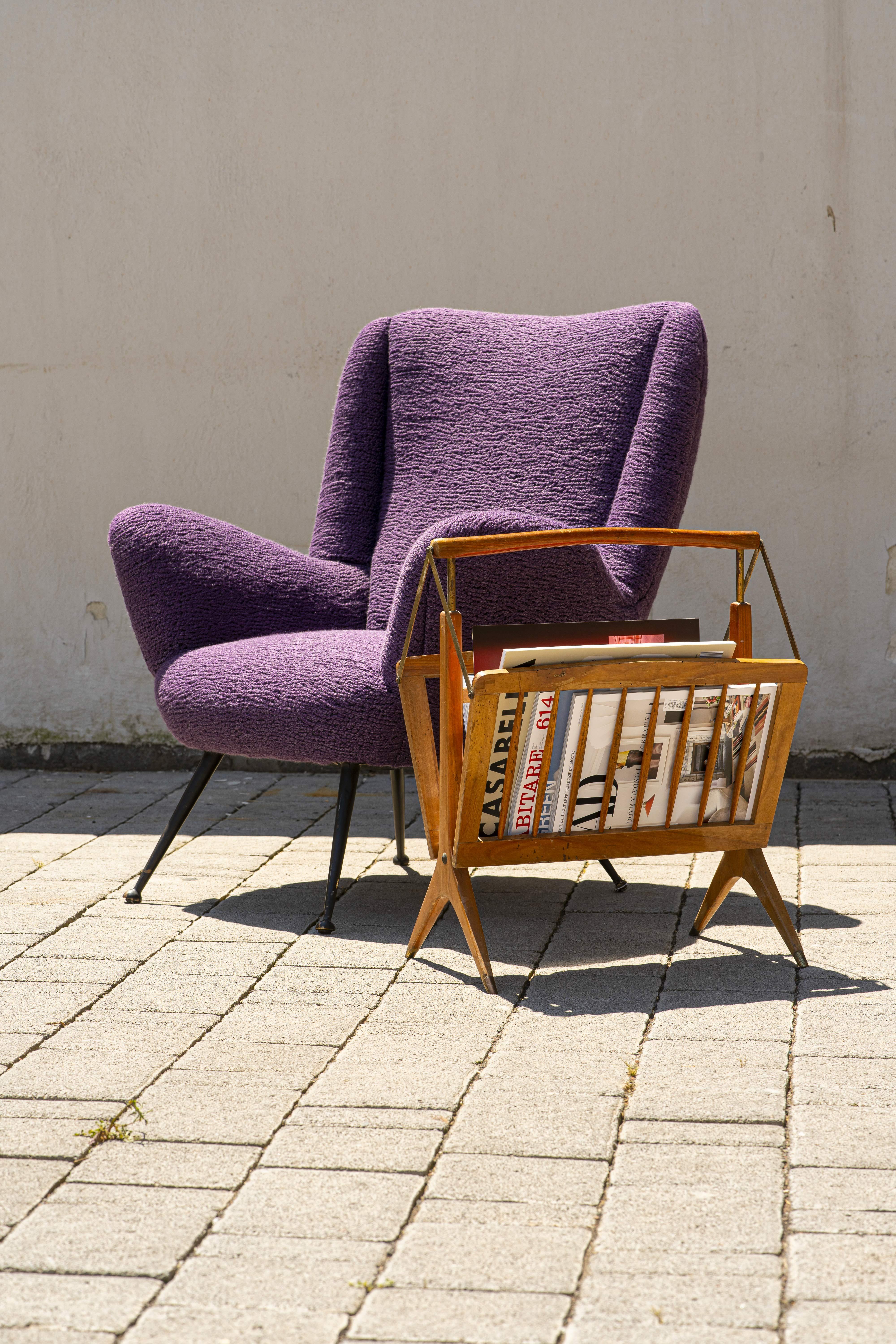 Mid-20th Century 1950s Armchair with Signed Pierre Frey Fabric in Lavender Purple Bouclé For Sale