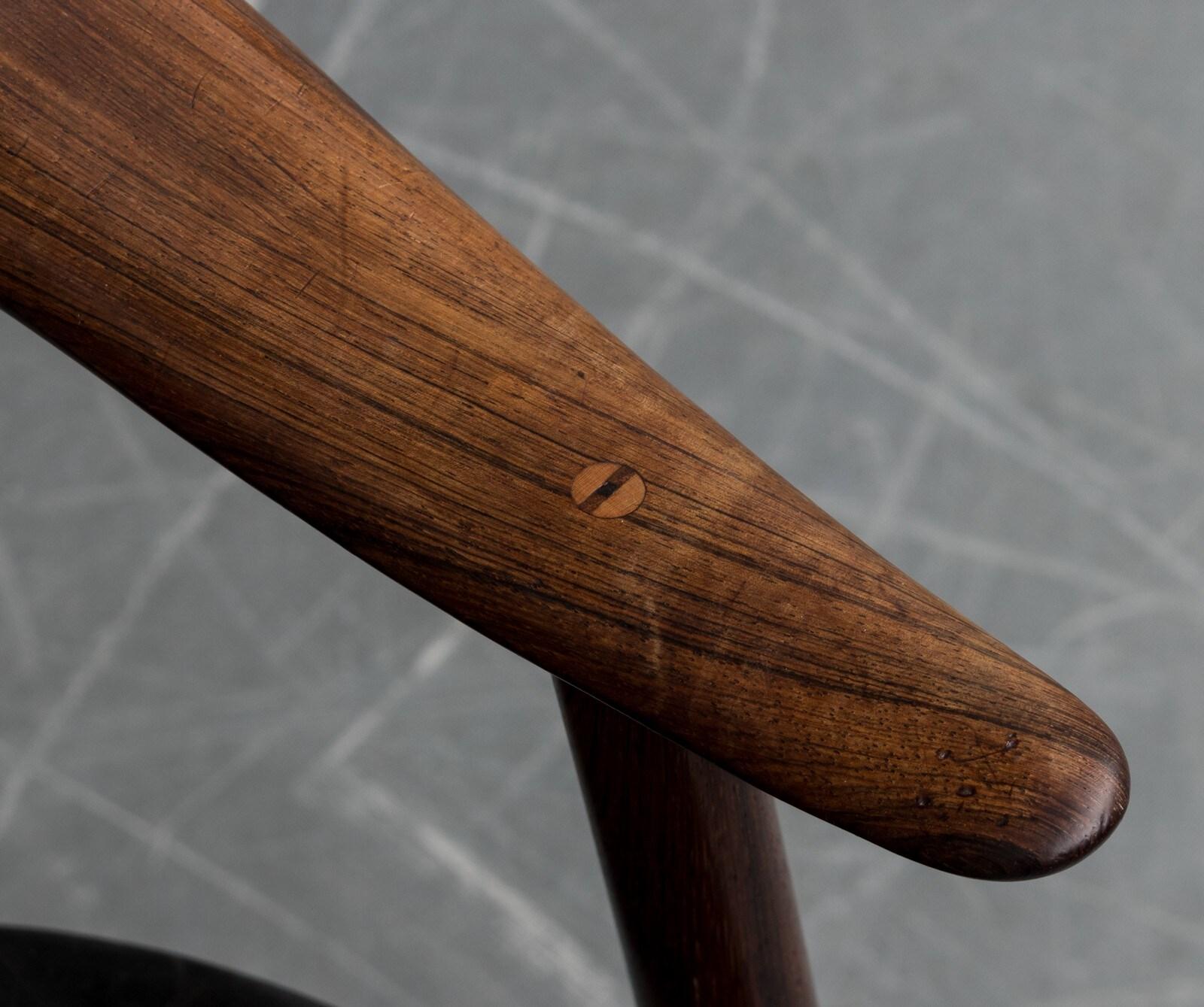 Danish 1950s Arne Hovmand-Olsen Solid Wood Armchair, Original Black Leather Upholstery For Sale