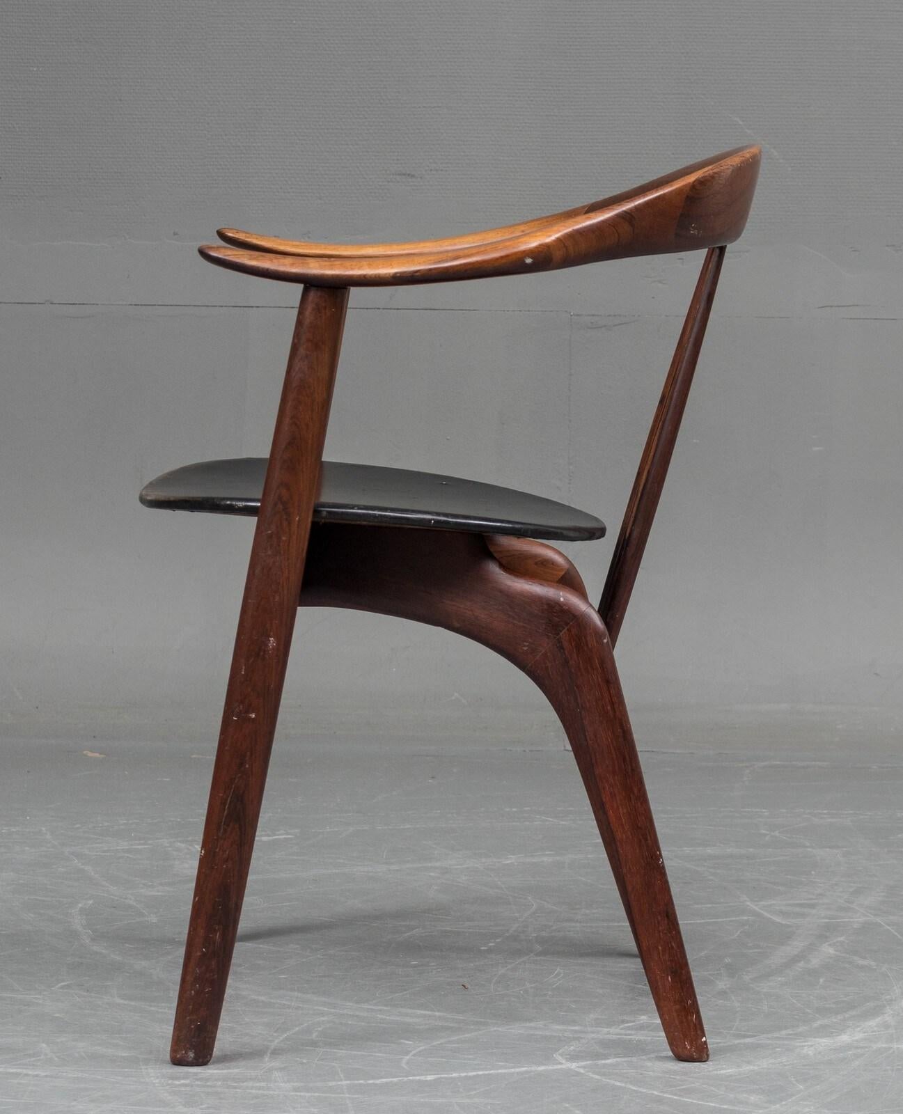 1950s Arne Hovmand-Olsen Solid Wood Armchair, Original Black Leather Upholstery In Good Condition For Sale In London, GB