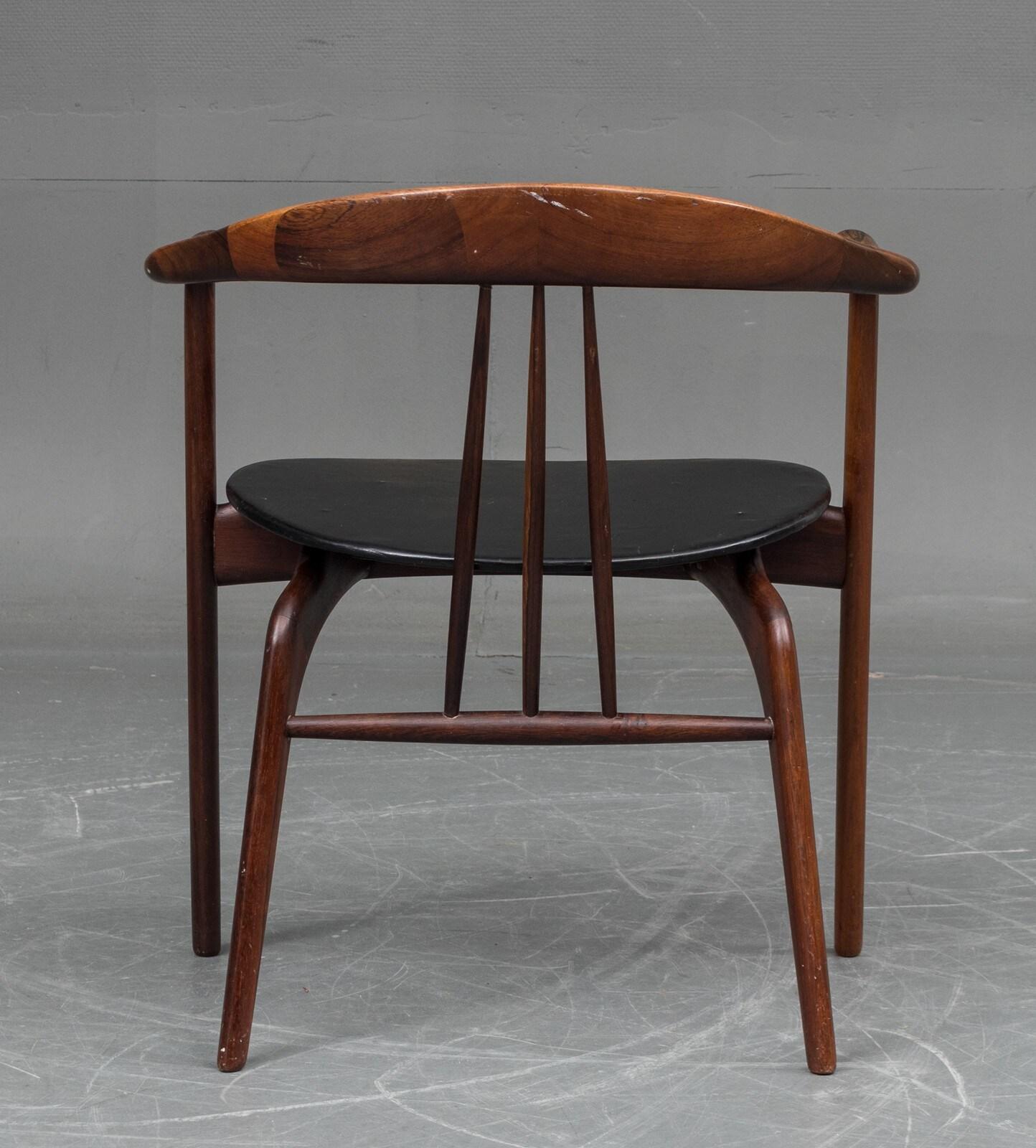Mid-20th Century 1950s Arne Hovmand-Olsen Solid Wood Armchair, Original Black Leather Upholstery For Sale