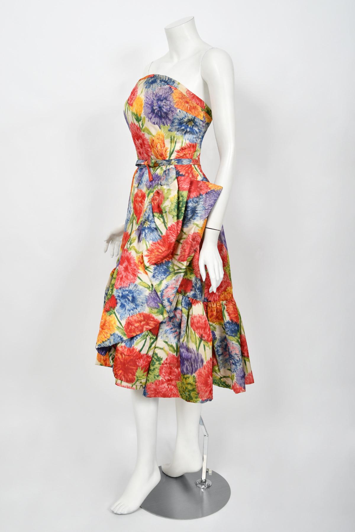 1950s Arnold Scaasi Couture Colorful Floral Silk Strapless Dress & Swing Jacket  7
