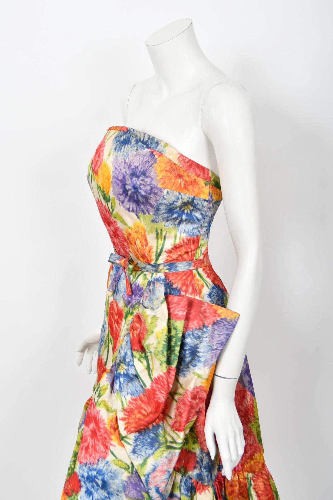 1950s Arnold Scaasi Couture Colorful Floral Silk Strapless Dress & Swing Jacket  8
