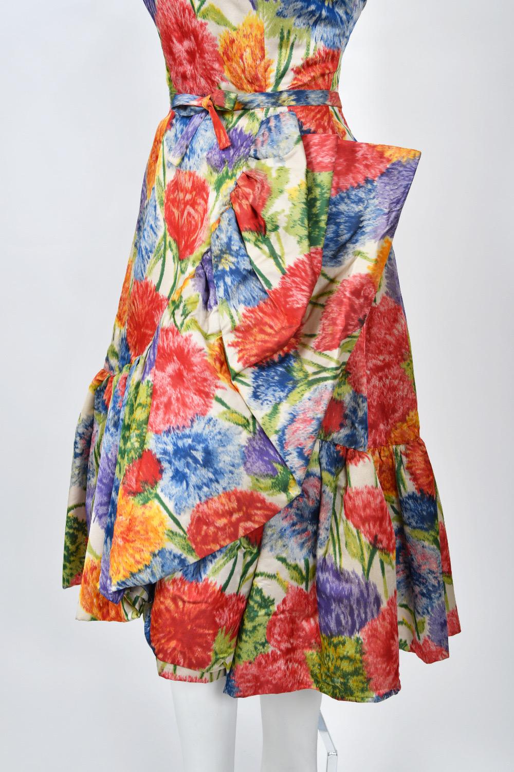 1950s Arnold Scaasi Couture Colorful Floral Silk Strapless Dress & Swing Jacket  9