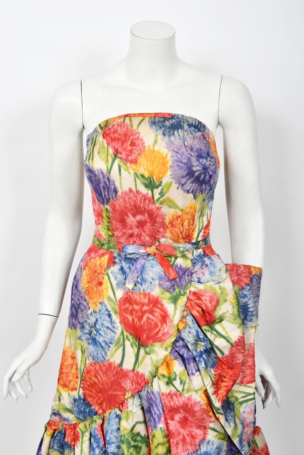 1950s Arnold Scaasi Couture Colorful Floral Silk Strapless Dress & Swing Jacket  10