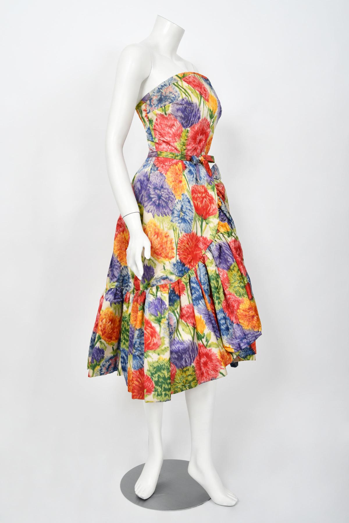 1950s Arnold Scaasi Couture Colorful Floral Silk Strapless Dress & Swing Jacket  13
