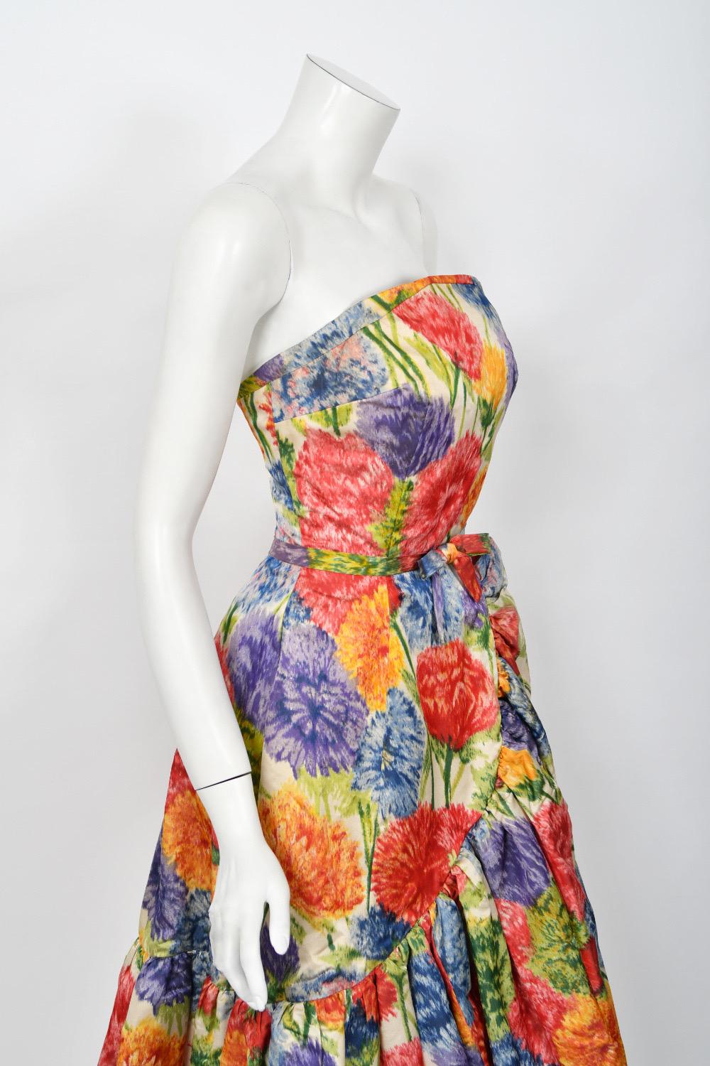 1950s Arnold Scaasi Couture Colorful Floral Silk Strapless Dress & Swing Jacket  14