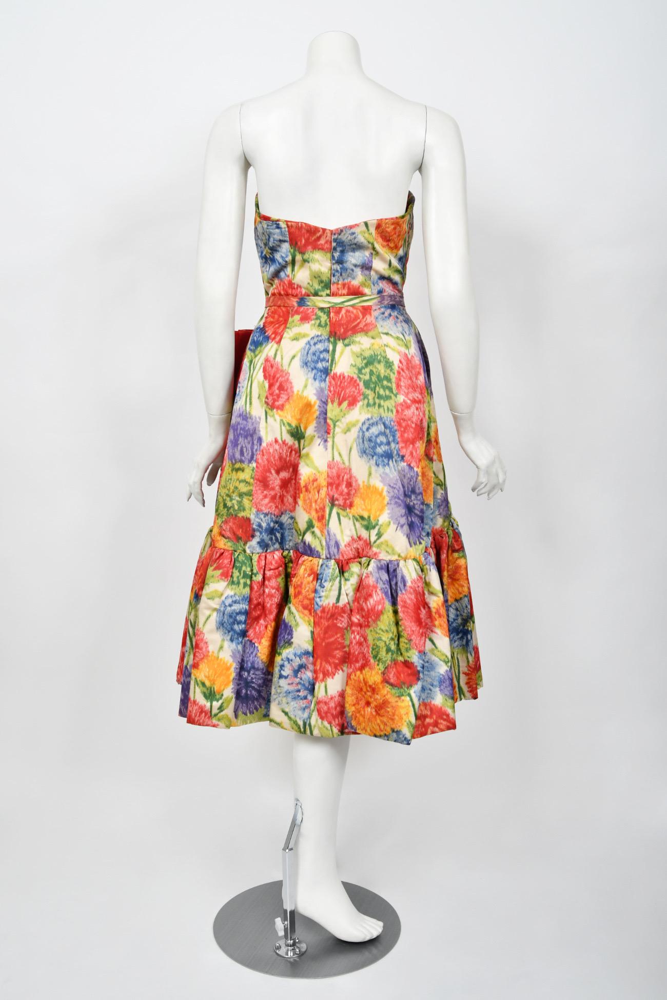 1950s Arnold Scaasi Couture Colorful Floral Silk Strapless Dress & Swing Jacket  15