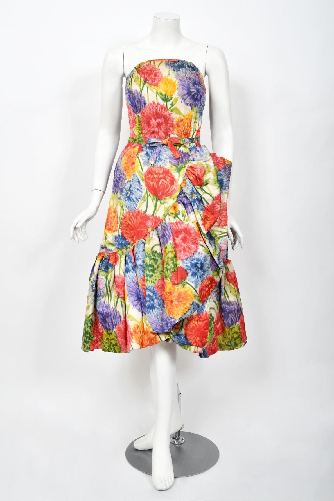1950s Arnold Scaasi Couture Colorful Floral Silk Strapless Dress & Swing Jacket  3