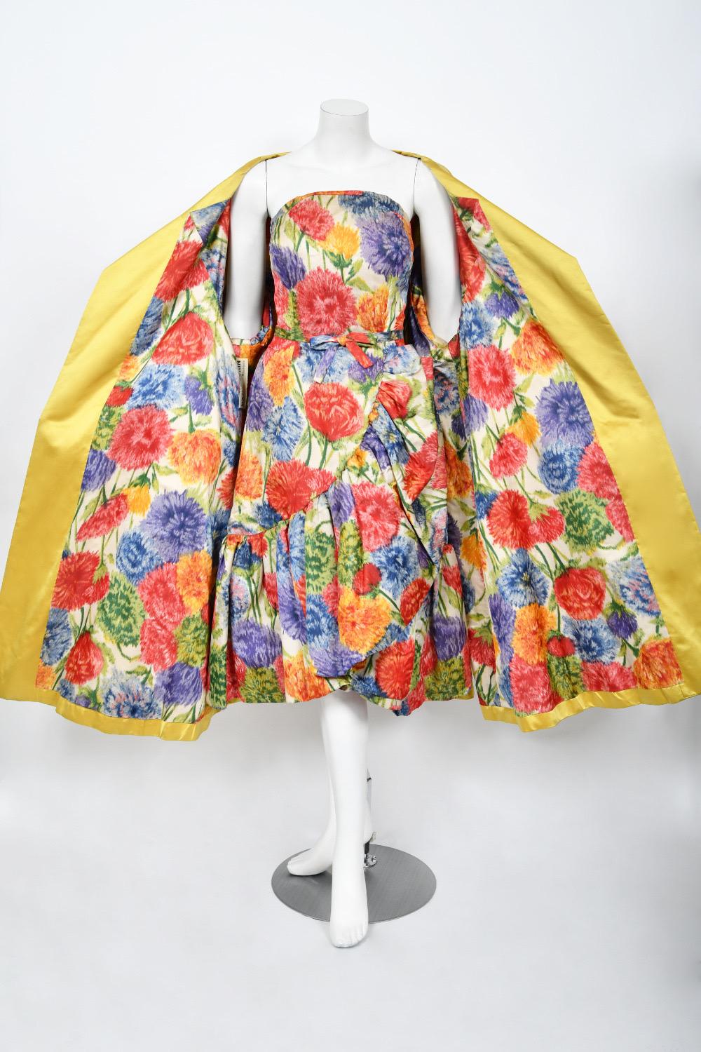 1950s Arnold Scaasi Couture Colorful Floral Silk Strapless Dress & Swing Jacket  4