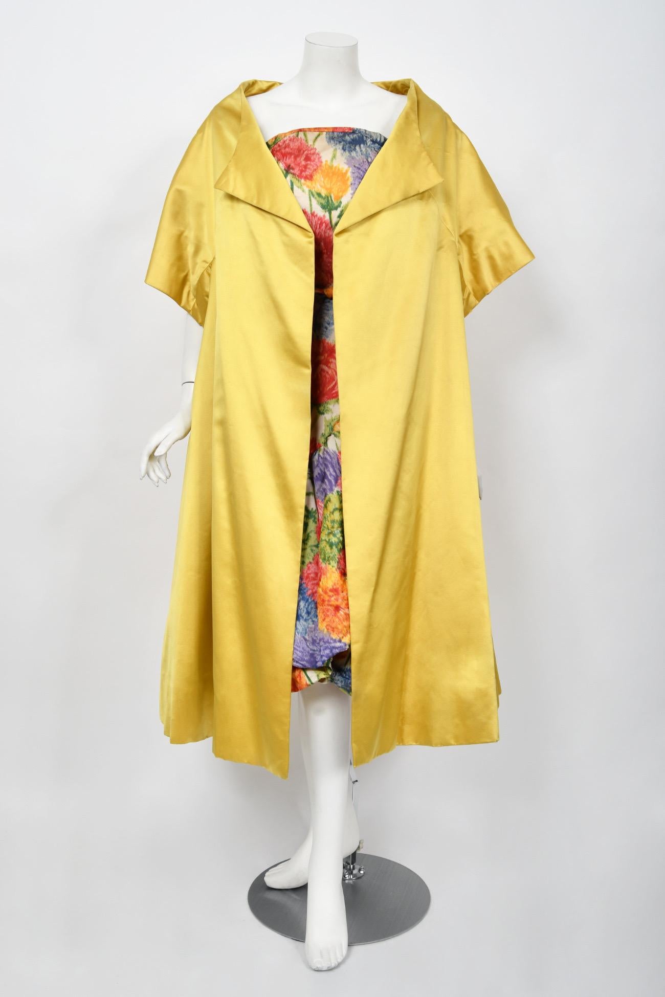1950s Arnold Scaasi Couture Colorful Floral Silk Strapless Dress & Swing Jacket  5