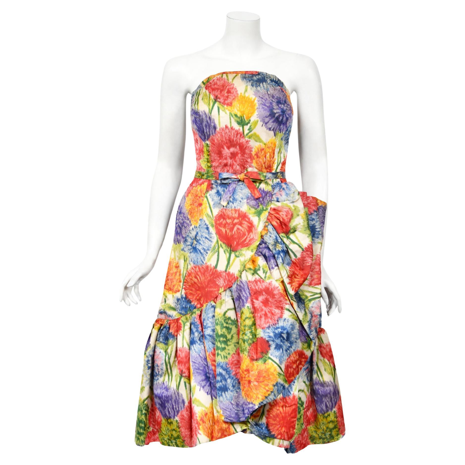 1950s Arnold Scaasi Couture Colorful Floral Silk Strapless Dress & Swing Jacket 