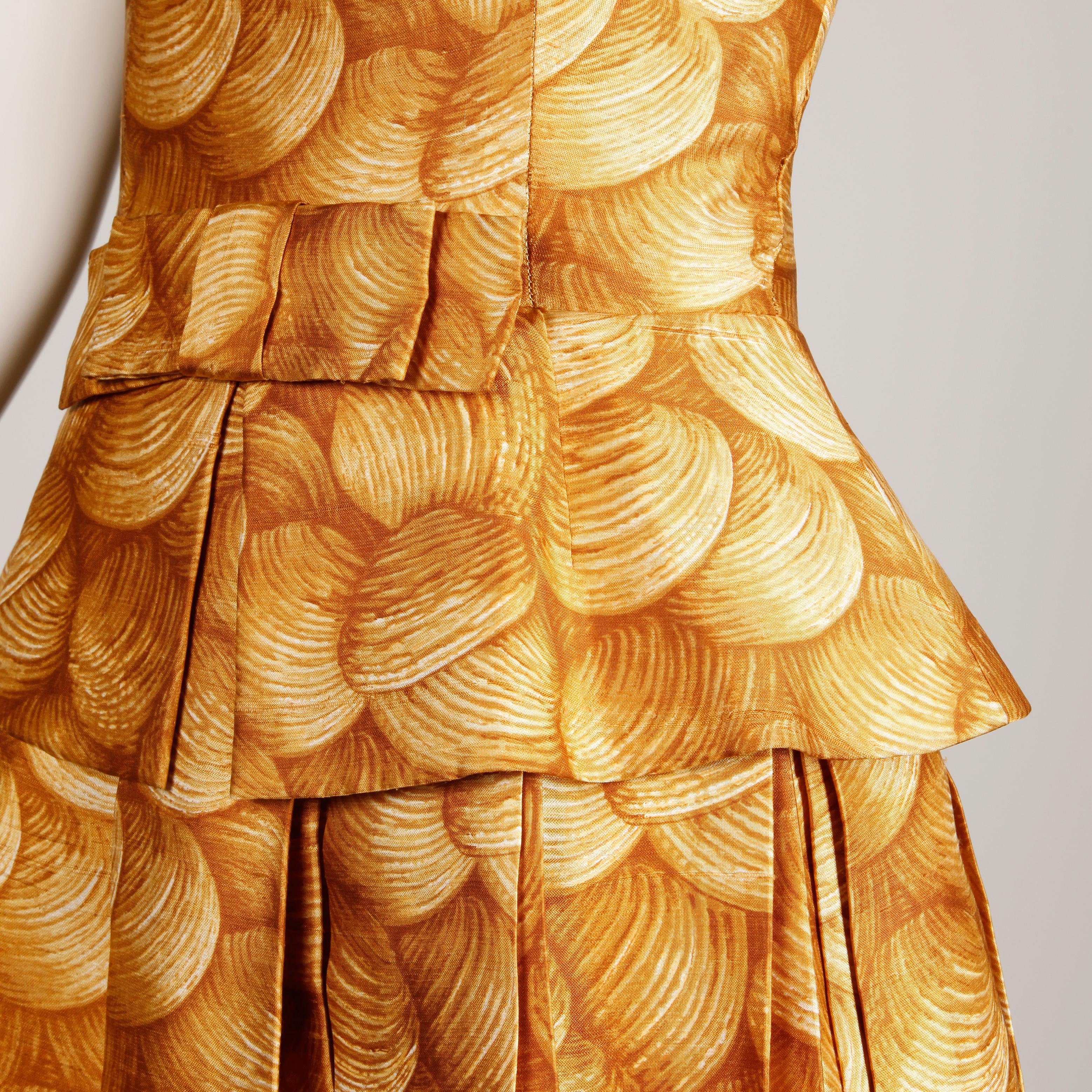 Women's 1950s Arnold Scaasi Vintage Yellow / Gold / Mustard Print Silk Cocktail Dress For Sale