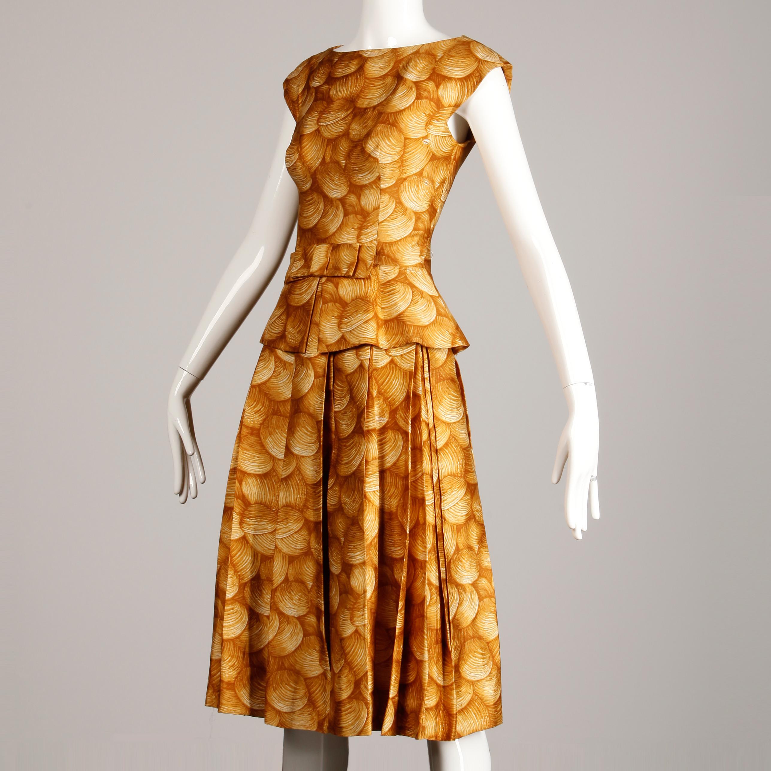 1950s Arnold Scaasi Vintage Yellow / Gold / Mustard Print Silk Cocktail Dress For Sale 1