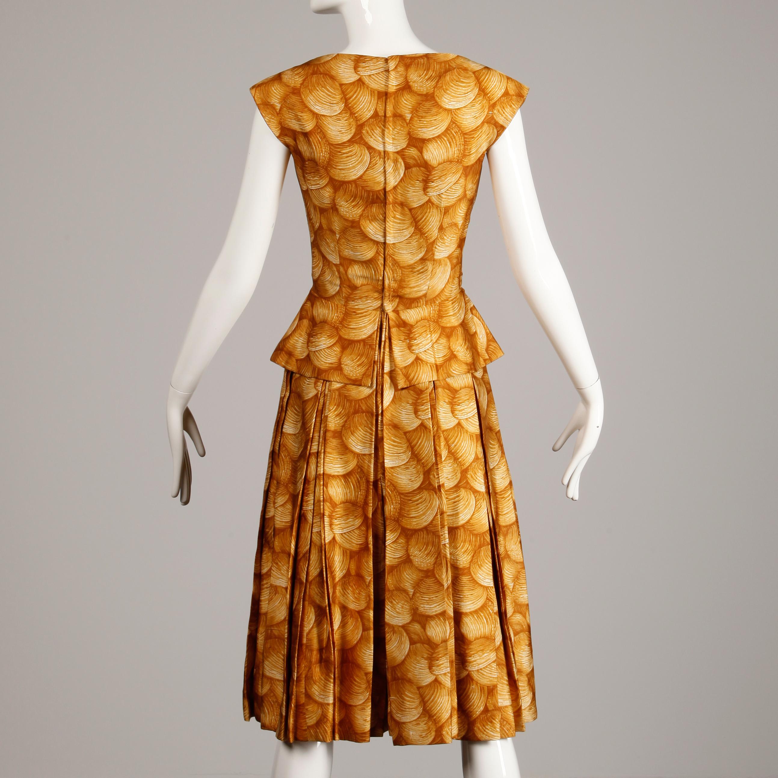 1950s Arnold Scaasi Vintage Yellow / Gold / Mustard Print Silk Cocktail Dress For Sale 3