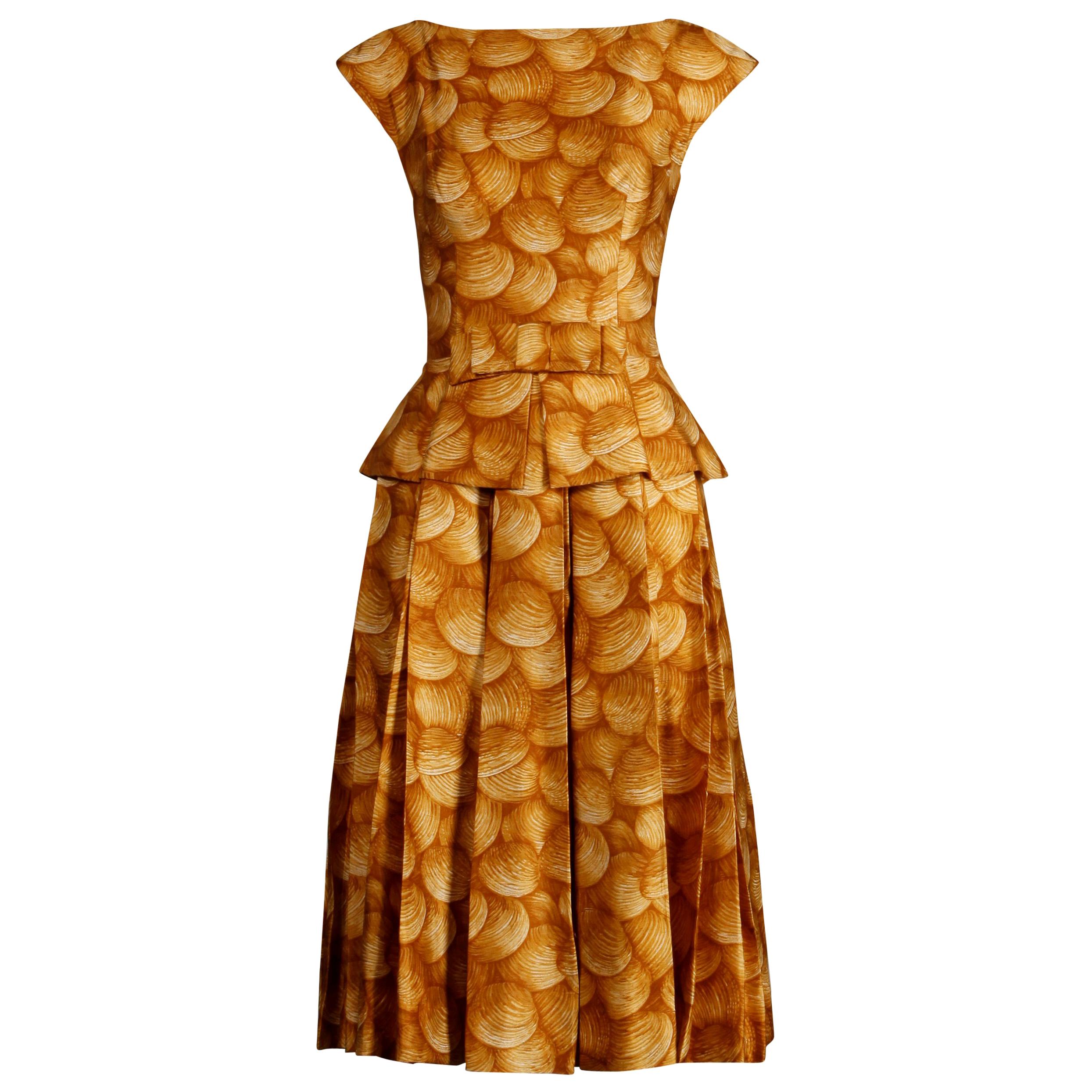 1950s Arnold Scaasi Vintage Yellow / Gold / Mustard Print Silk Cocktail Dress For Sale