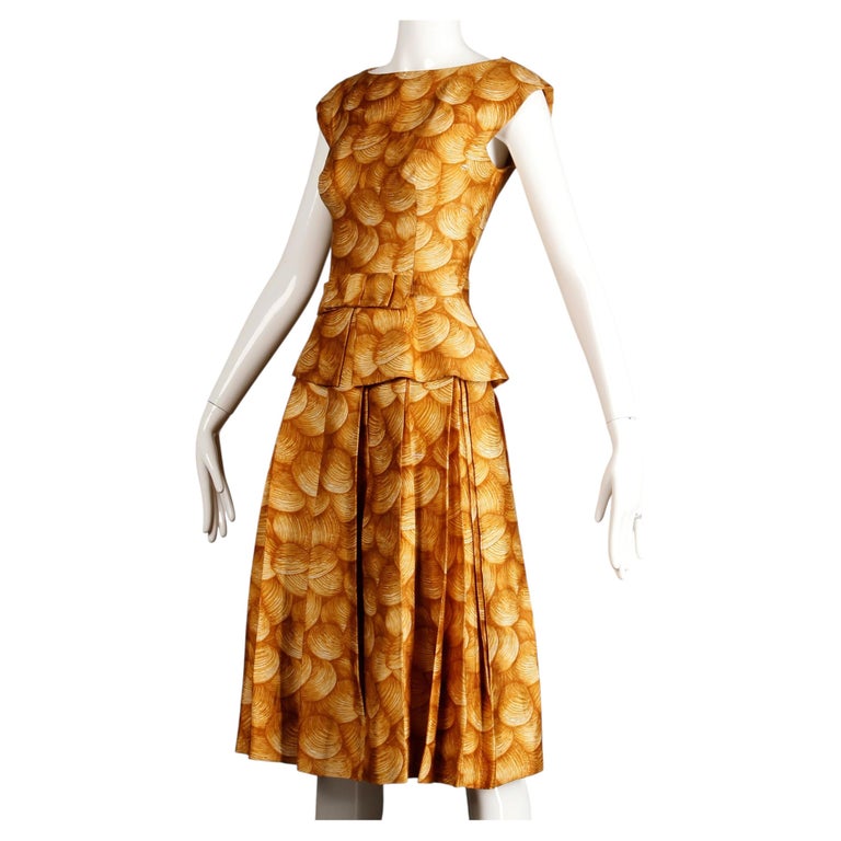 1950s Arnold Scaasi Vintage Yellow / Gold / Mustard Print Silk Cocktail Dress For Sale at 1stDibs