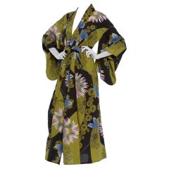 1950S Arsenic Green & Black Cotton Kimono With Purple Blue Flowers