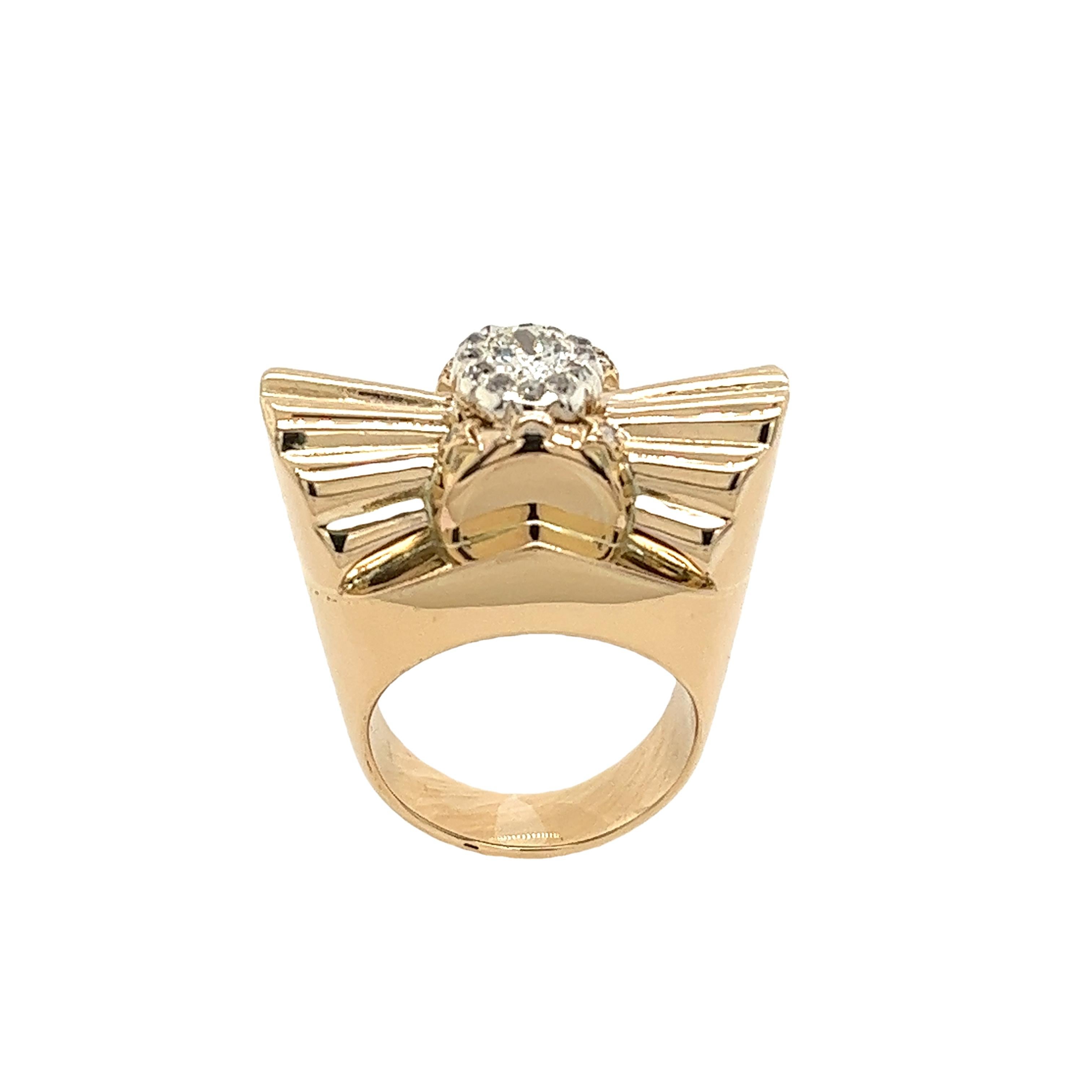 1950's Art Deco 14ct Yellow Gold Fan Shape Ring Set With Victorian Cut Diamond 3