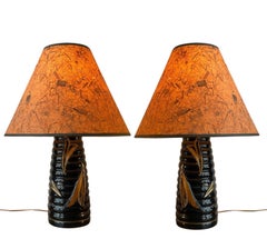 1950s Art Deco Black Ceramic Beehive Bubble Lamp W/ Original Shades-A Pair