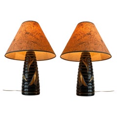 1950s Art Deco Black Ceramic Beehive Bubble Lamp W/ Original Shades-A Pair