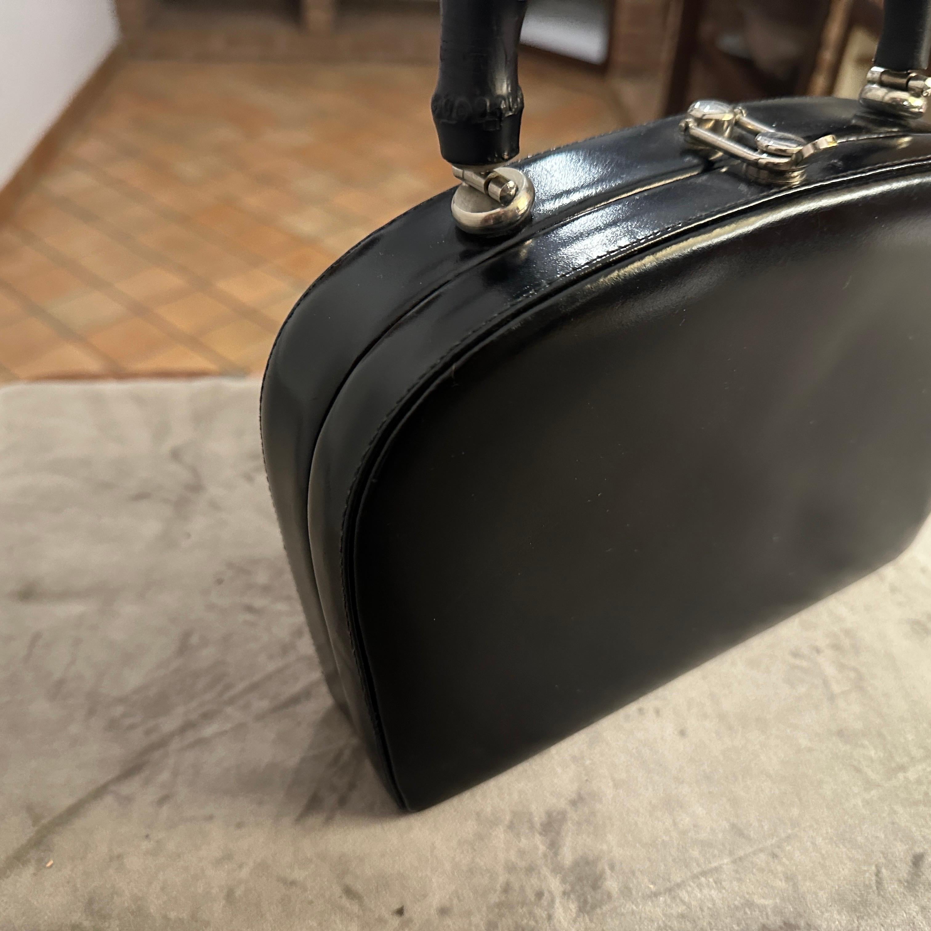 Borsa Art Deco anni '50 in pelle nera e Wood italiana con manico superiore in vendita 5