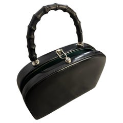 1950s Art Deco Black Leather and Wood Italian Top Handle bag