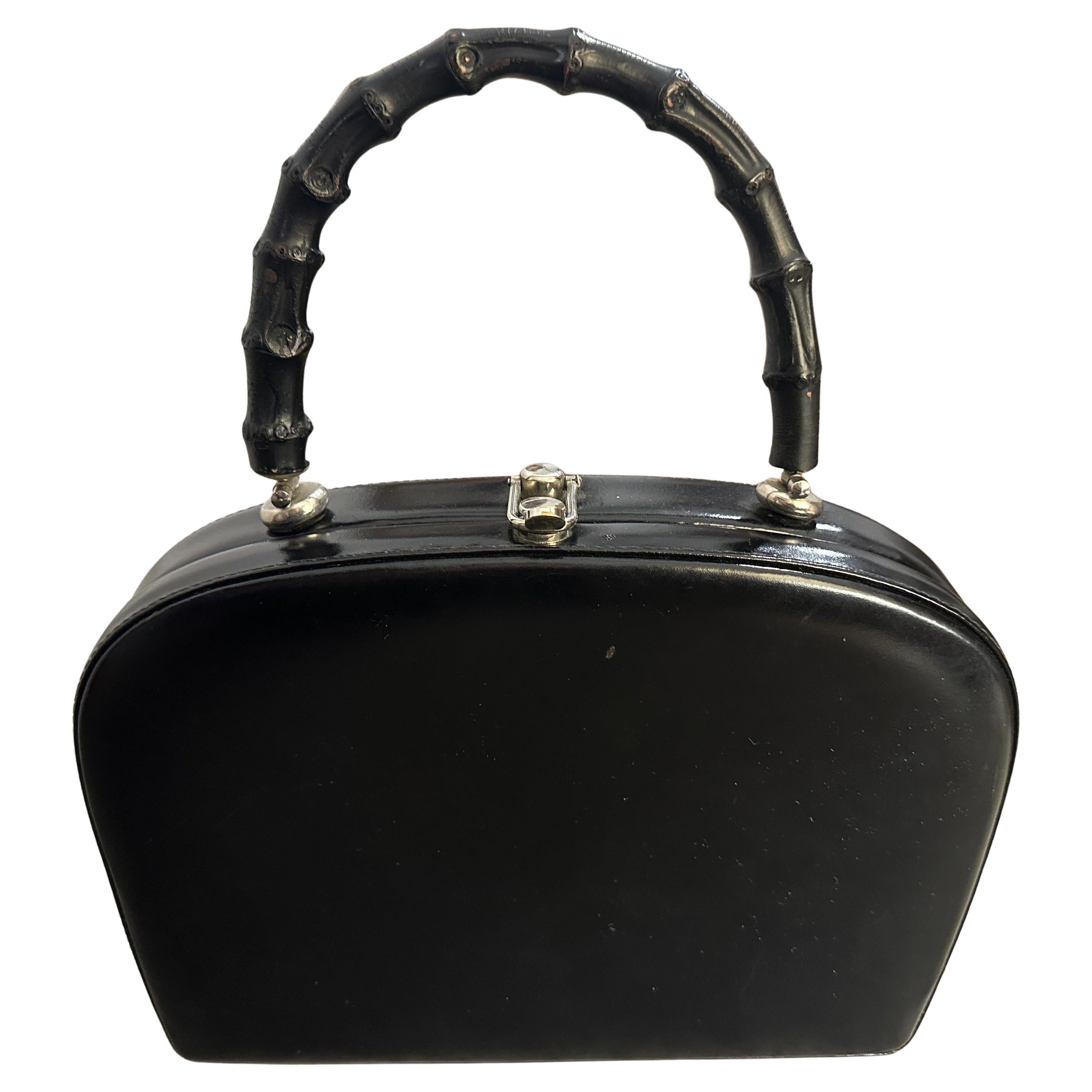 Borsa Art Deco anni '50 in pelle nera e Wood italiana con manico superiore in vendita