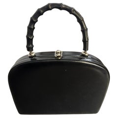 1950er Jahre Art Deco Schwarzes Leder und Wood Italian Top Handle Tasche