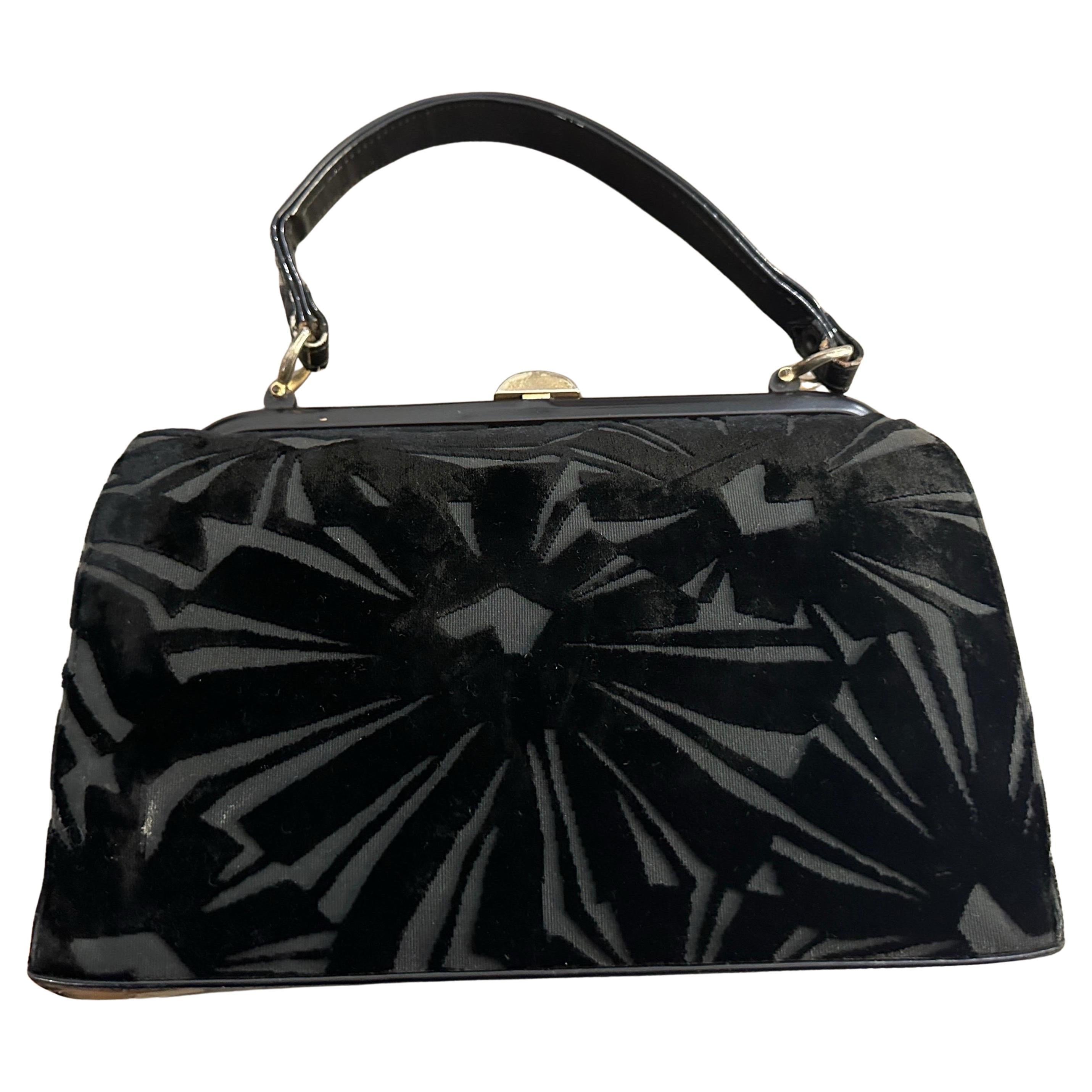 Borsa a manico alto in velluto nero italiano Art Deco anni '50