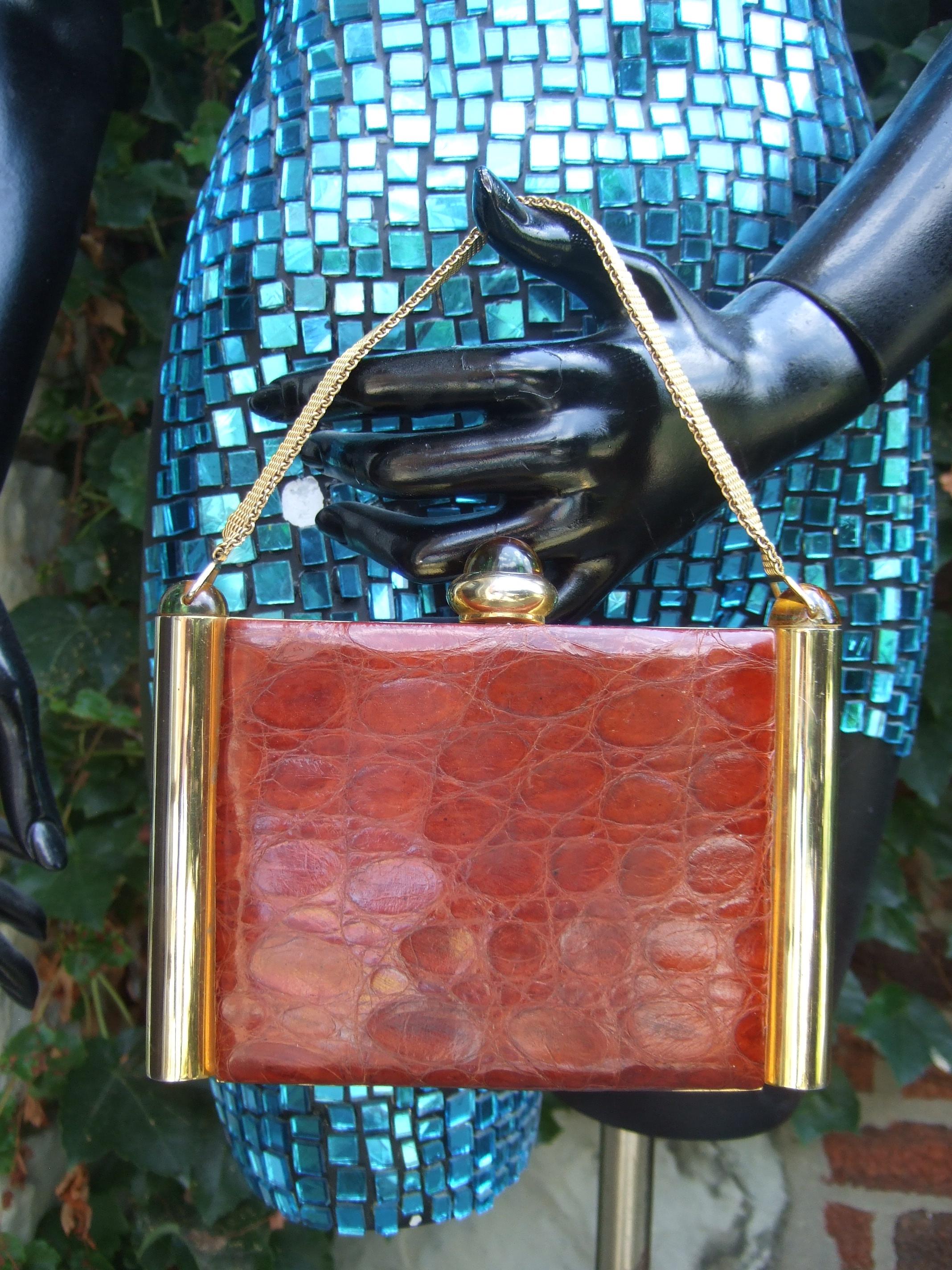 1950s Art Deco Brown & Brass Alligator Evening Bag Cosmetic Case 6