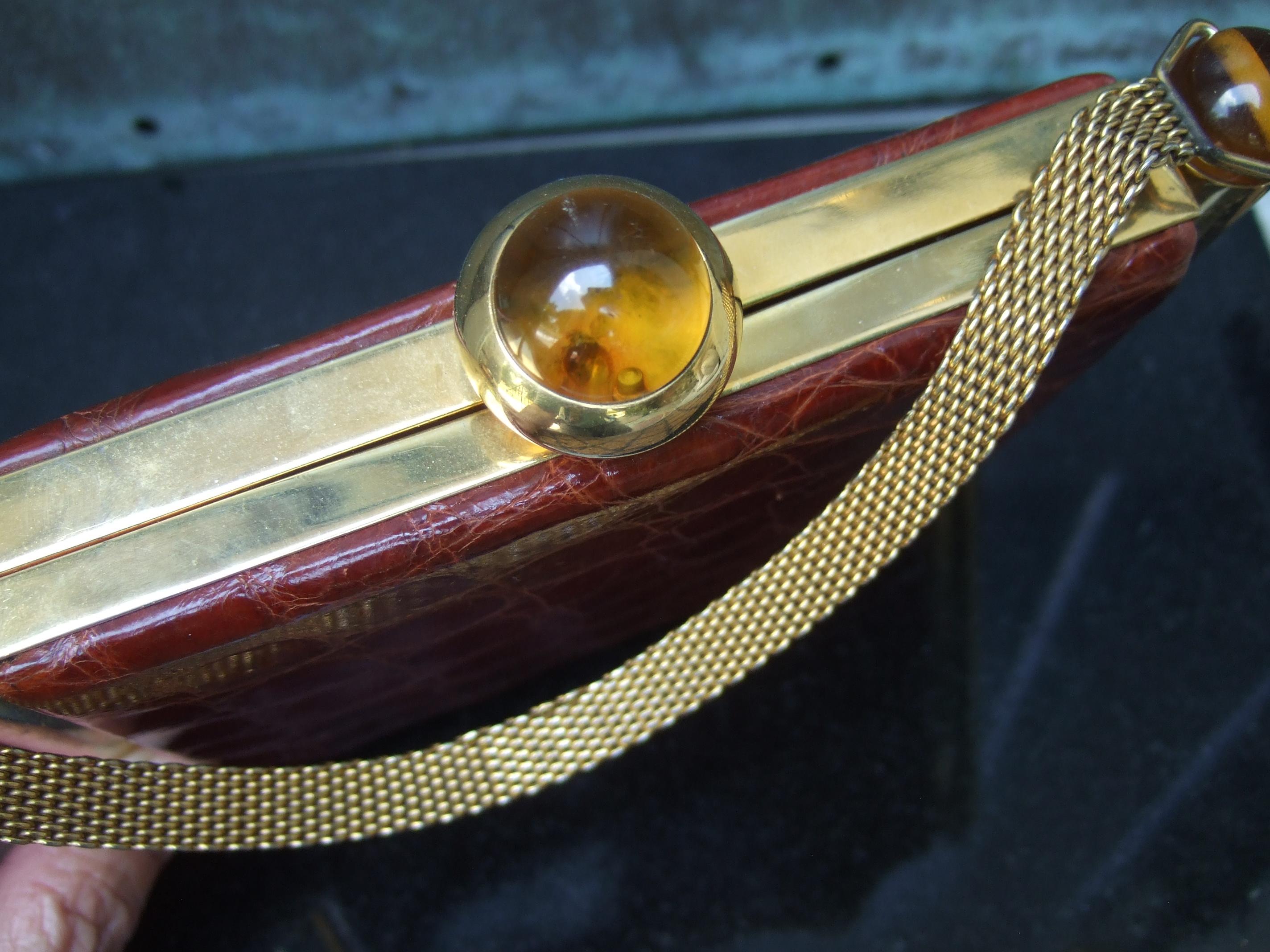 1950s Art Deco Brown & Brass Alligator Evening Bag Cosmetic Case 7