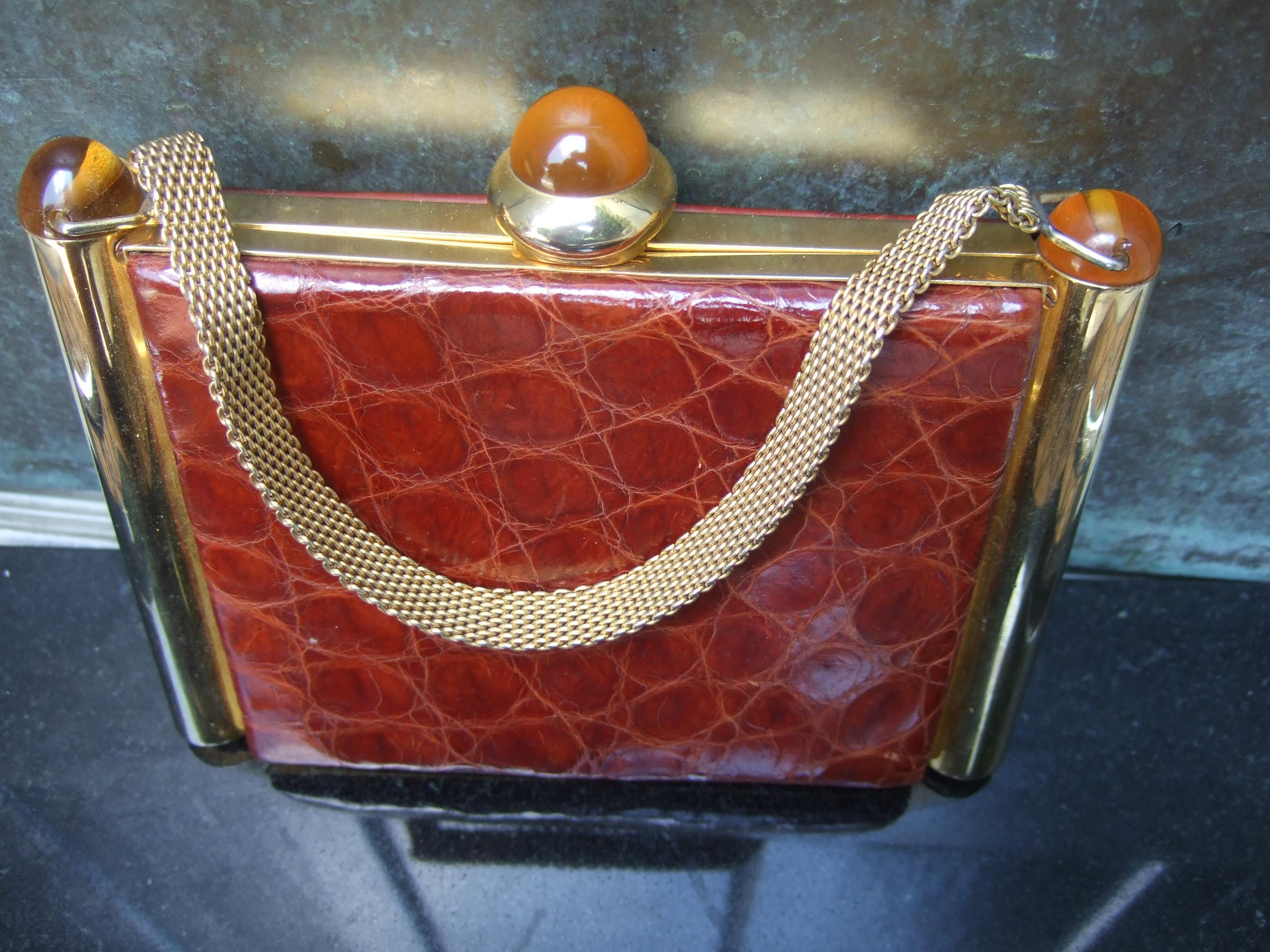 1950s Art Deco Brown & Brass Alligator Evening Bag Cosmetic Case 8